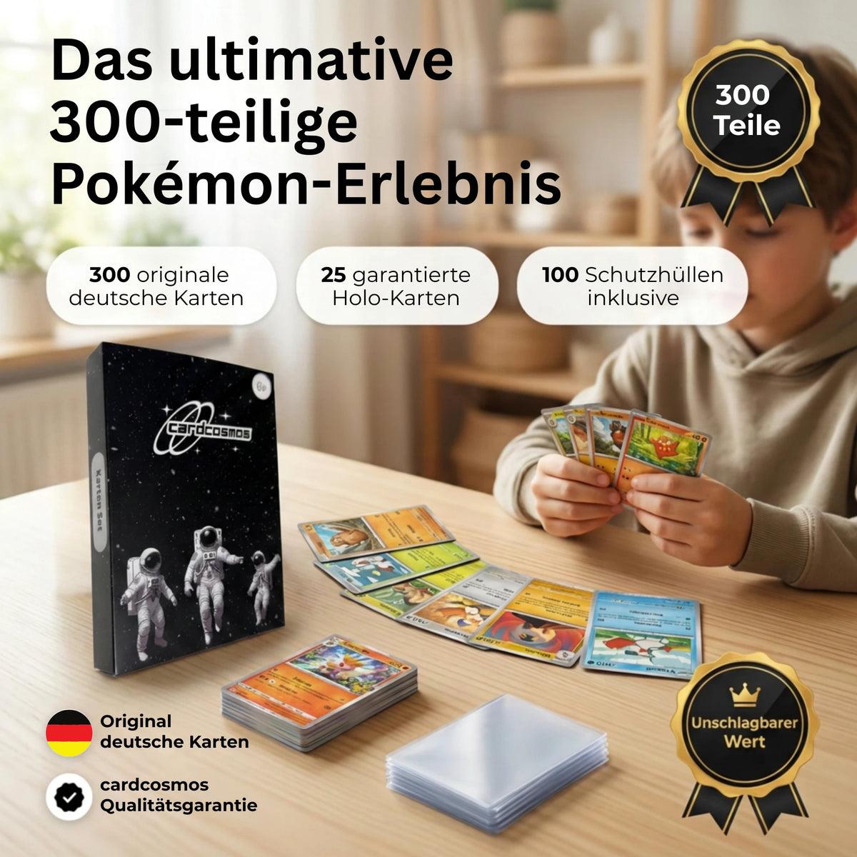 Pokémon Karten Set Deutsch – 200 Karten inkl. 25 Holo + 100 Kartenhüllen