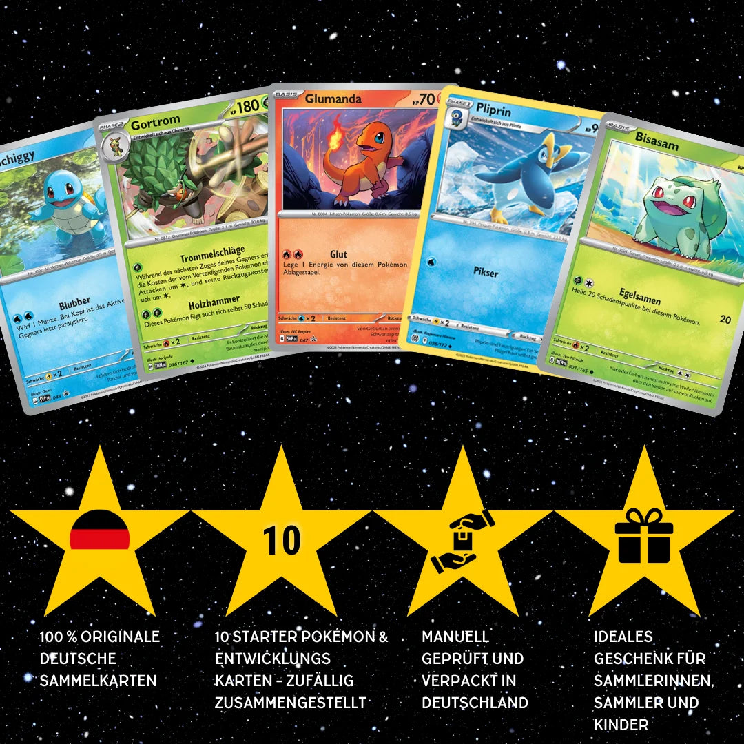 Pokémon Card Set German – 10 Starter Pokémon & Evolutions Cards – Randomly Assembled