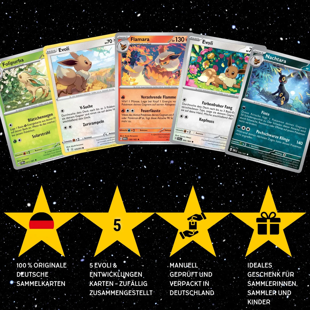 Pokémon Card Set German – 5 Eevee & Evolutions Cards – Randomly Assembled