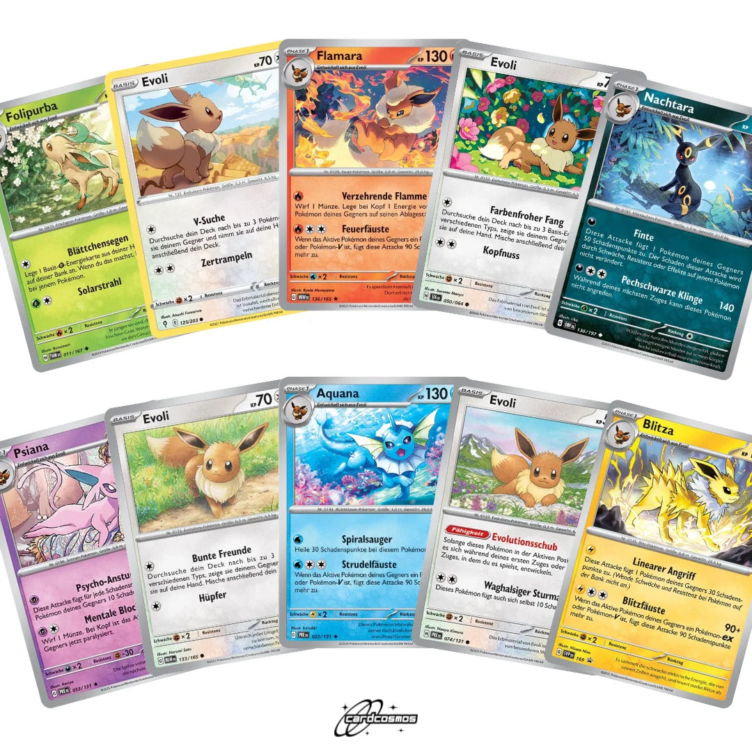Pokémon Card Set German – 10 Eevee & Evolutions Cards – Randomly Assembled