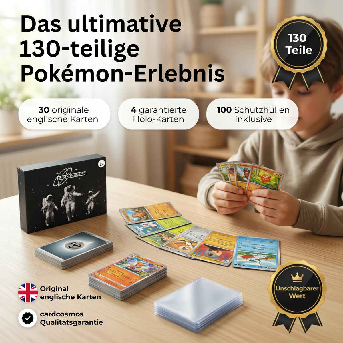 Pokémon Card Set English – 30 cards incl. 4 Holo + 100 Card Sleeves