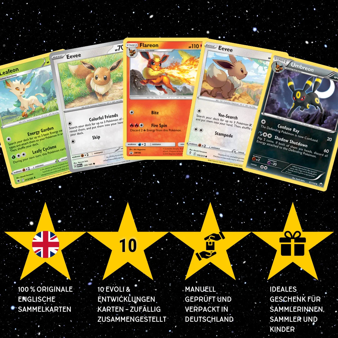 Pokémon Karten Set Englisch – 10 Karten Evoli/Eevee & Entwicklungen – Zufällig zusammengestellt