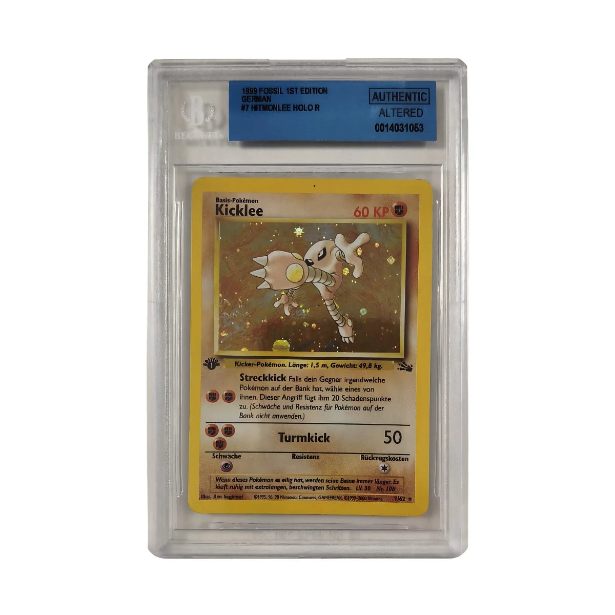 Pokémon - Hitmonlee Holo #7/62 1st Edition (Fossil) – BGS Authentic Altered