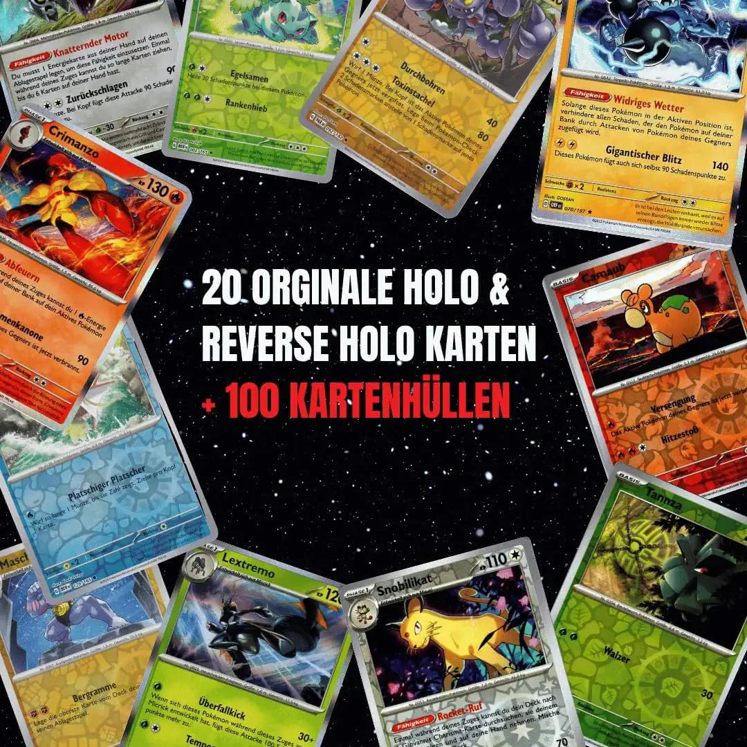 Pokémon Holo Karten Set Deutsch – 20 Holo & Reverse Holo Karten + 100 Kartenhüllen