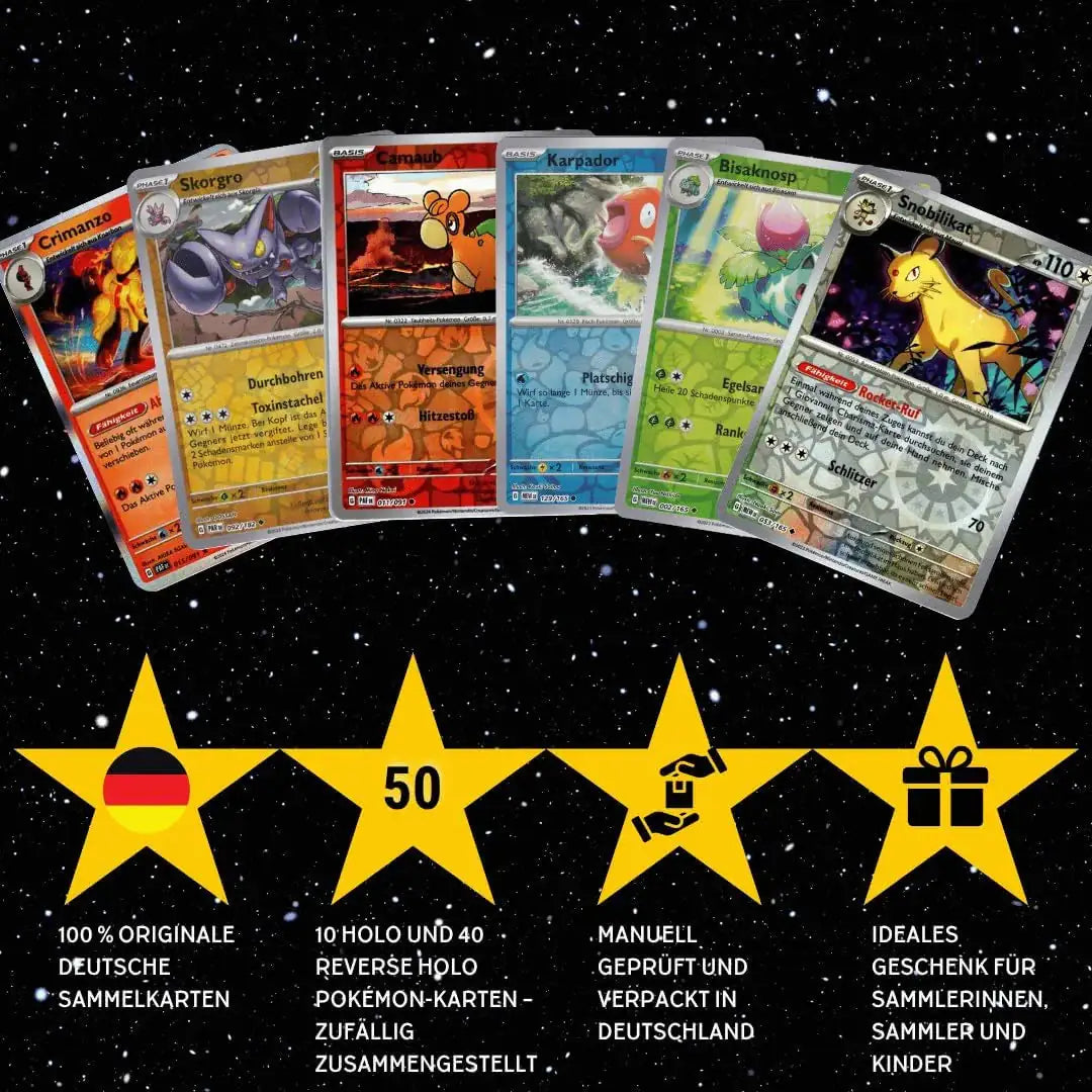 Pokémon Holo Karten Set Deutsch – 50 Holo & Reverse Holo Karten + 100 Kartenhüllen