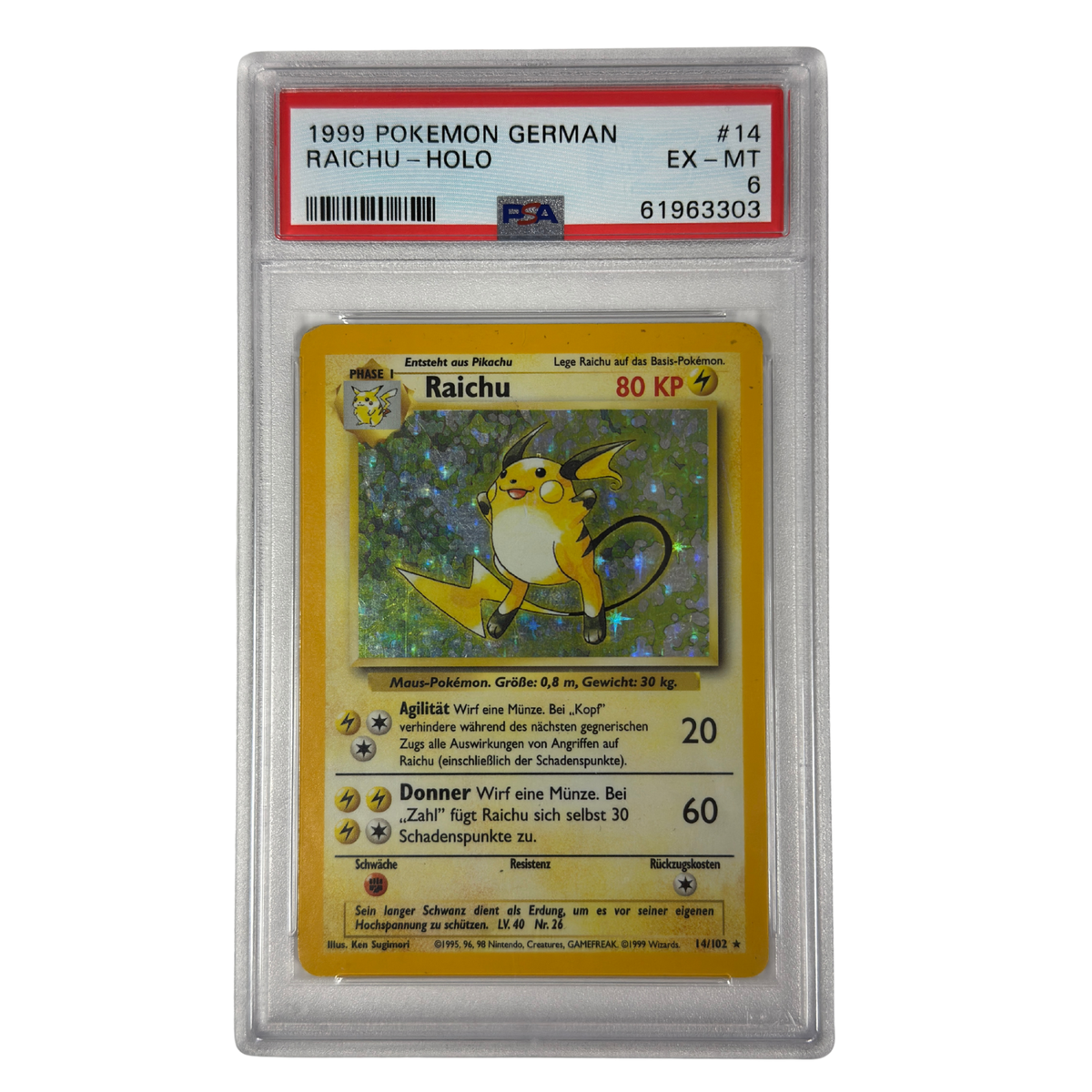Pokémon - Raichu Holo #14/102 (Base Set) – PSA 6 Excellent-Mint