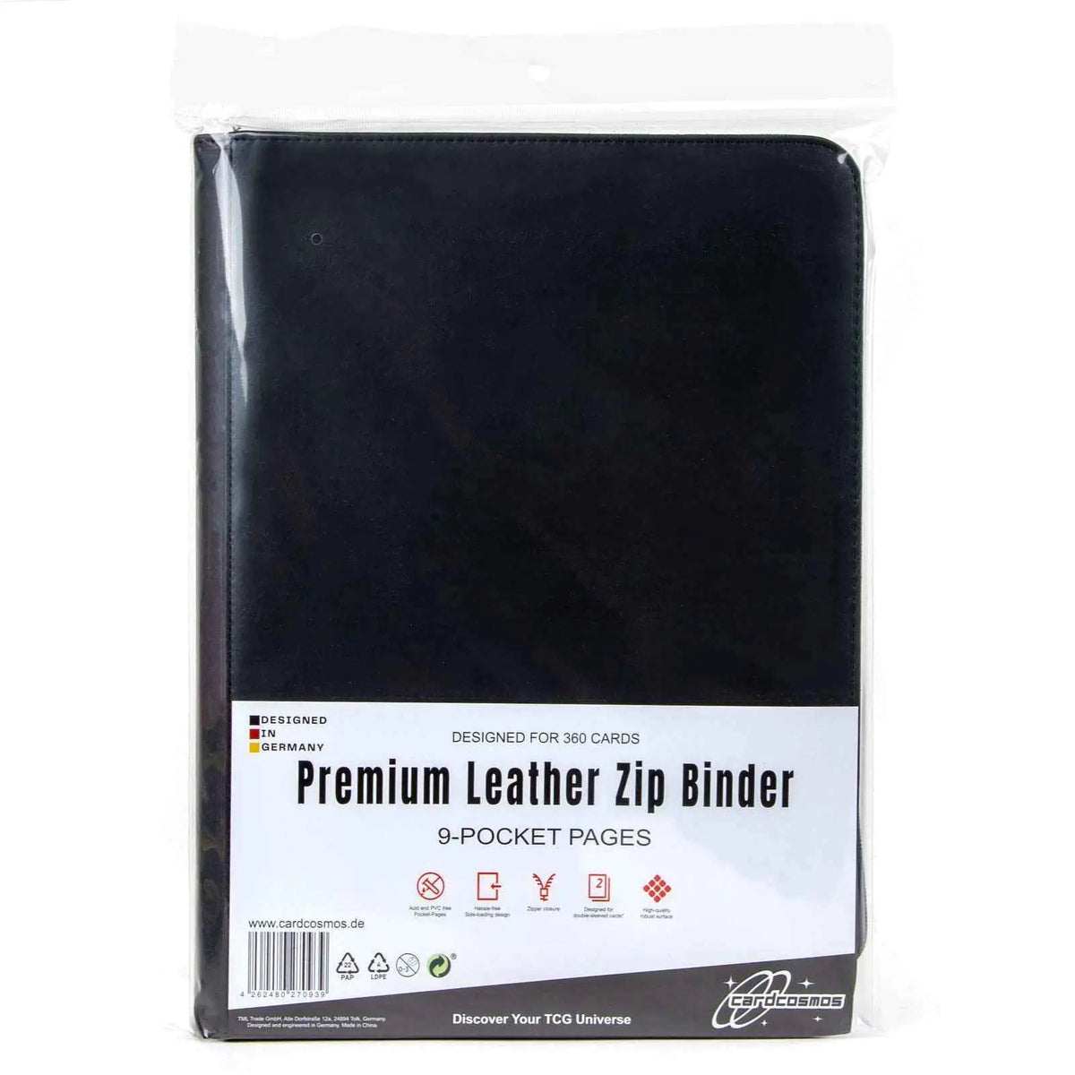 cardcosmos - 9 Pocket Zip Premium Leather Binder - Schwarz/Silber